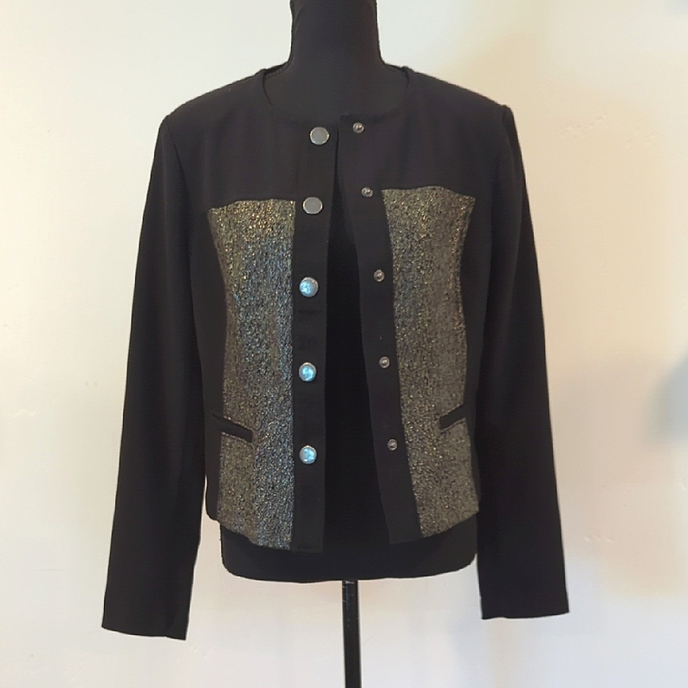 CAbi Cropped Knit Black and Green Jacket, NWOT Medium